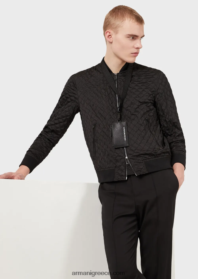 άνδρες Armani Θήκη σήματος με στάμπα saffiano, αναγεννημένο δέρμα 4046R62209 μαύρος