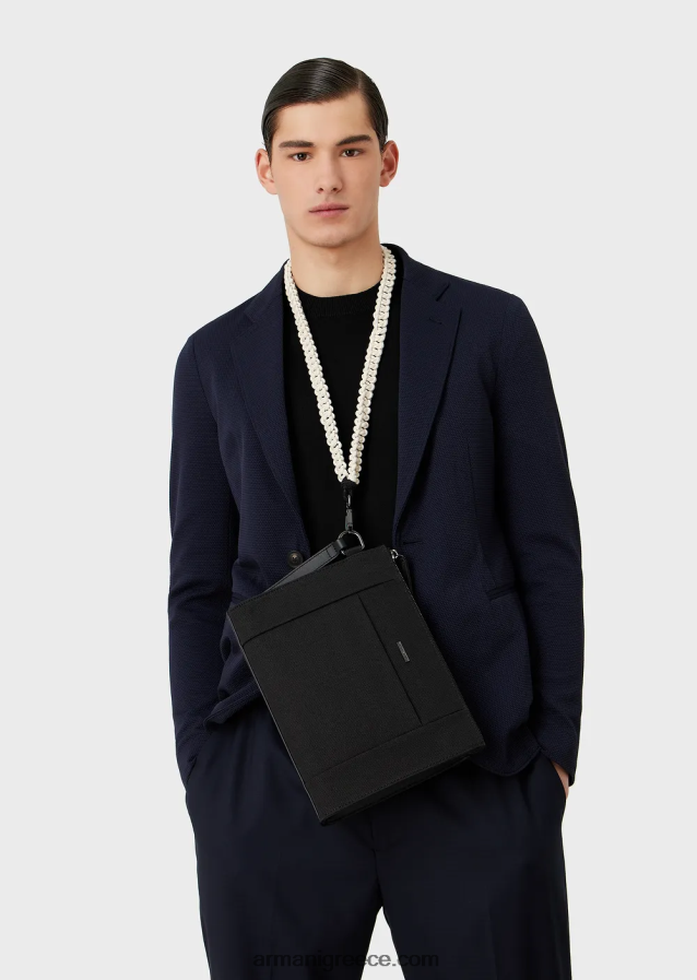 άνδρες Armani ανακυκλωμένο πουγκί twill με δερμάτινες λεπτομέρειες 4046R62175 μαύρος