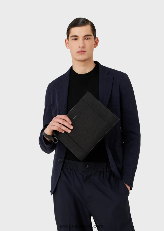 άνδρες Armani ανακυκλωμένο πουγκί twill με δερμάτινες λεπτομέρειες 4046R62175 μαύρος