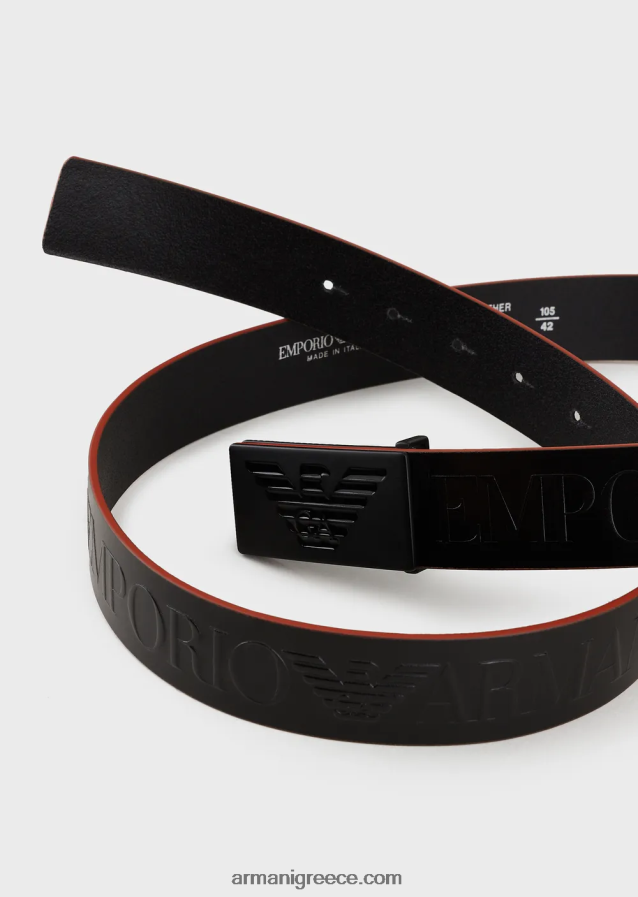 άνδρες Armani δερμάτινη ζώνη με ανάγλυφα υπερμεγέθη γράμματα 4046R61996 βαθύ μαύρο