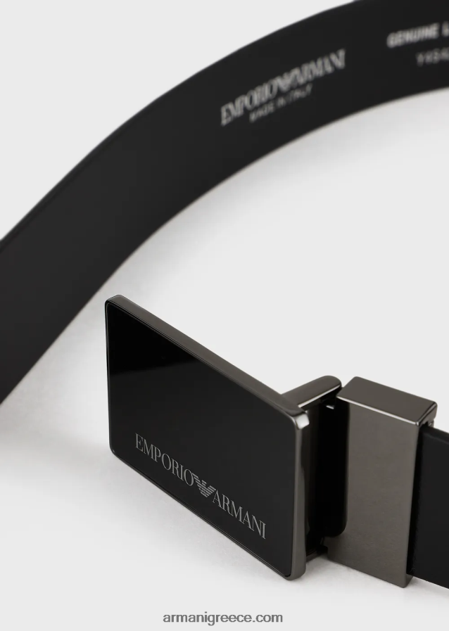 άνδρες Armani δερμάτινη ζώνη με βότσαλο με πιατέλα 4046R62012 μαύρος