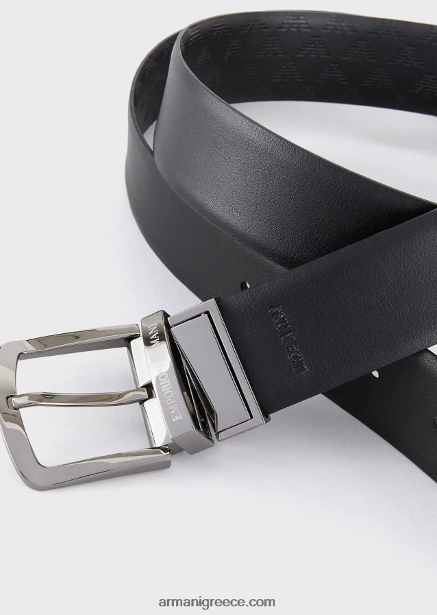 άνδρες Armani λεία δερμάτινη ζώνη με στάμπα παντού 4046R62013 μαύρος