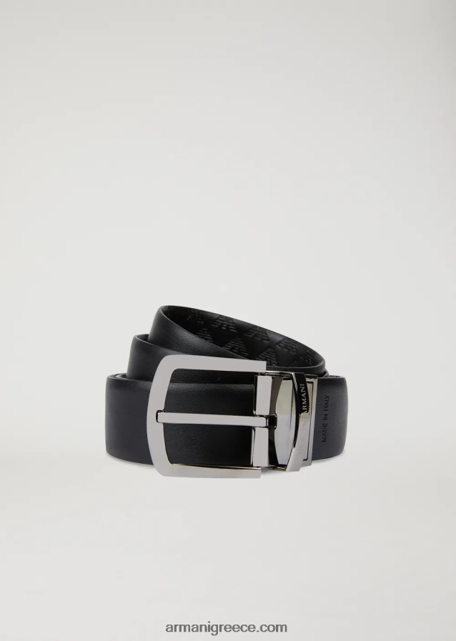 άνδρες Armani λεία δερμάτινη ζώνη με στάμπα παντού 4046R62013 μαύρος