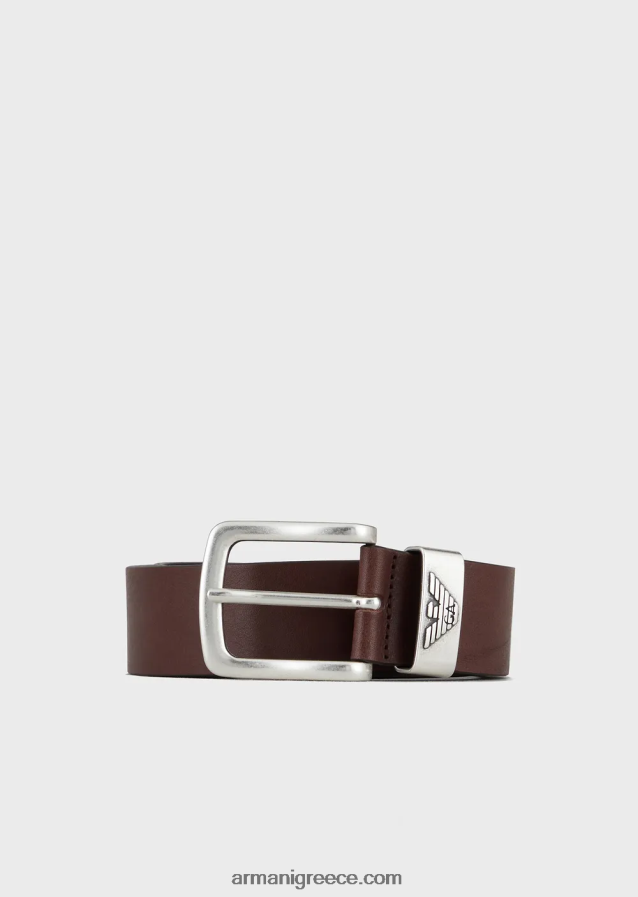 άνδρες Armani δερμάτινη ζώνη με αγκράφα με λογότυπο 4046R62017 σκούρο καφέ