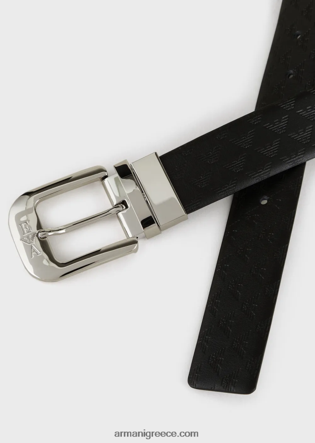 άνδρες Armani αναστρέψιμη δερμάτινη ζώνη με στάμπα μονόγραμμα 4046R62027 μαύρο λογότυπο