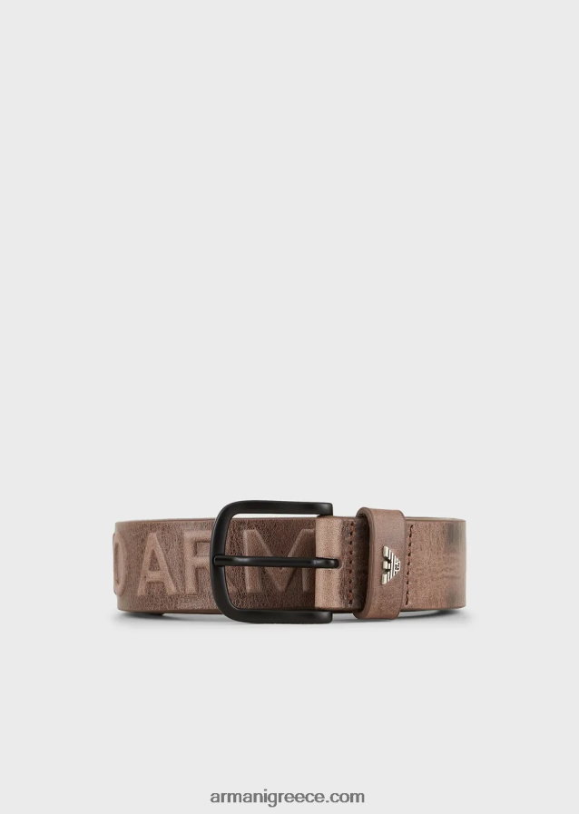 άνδρες Armani Δερμάτινη ζώνη σε vintage εφέ με ανάγλυφα μεγάλα γράμματα 4046R62004 γκρί