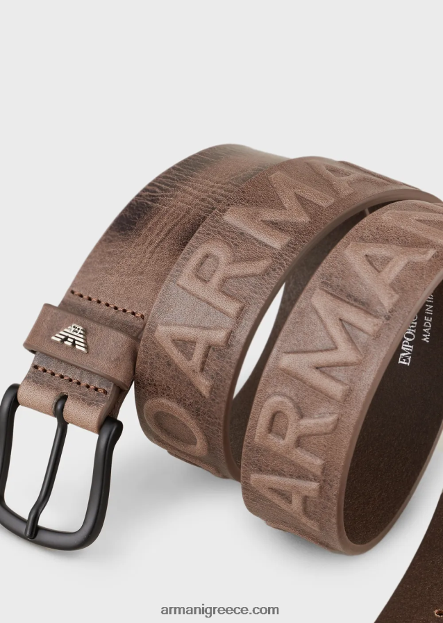 άνδρες Armani Δερμάτινη ζώνη σε vintage εφέ με ανάγλυφα μεγάλα γράμματα 4046R62004 γκρί