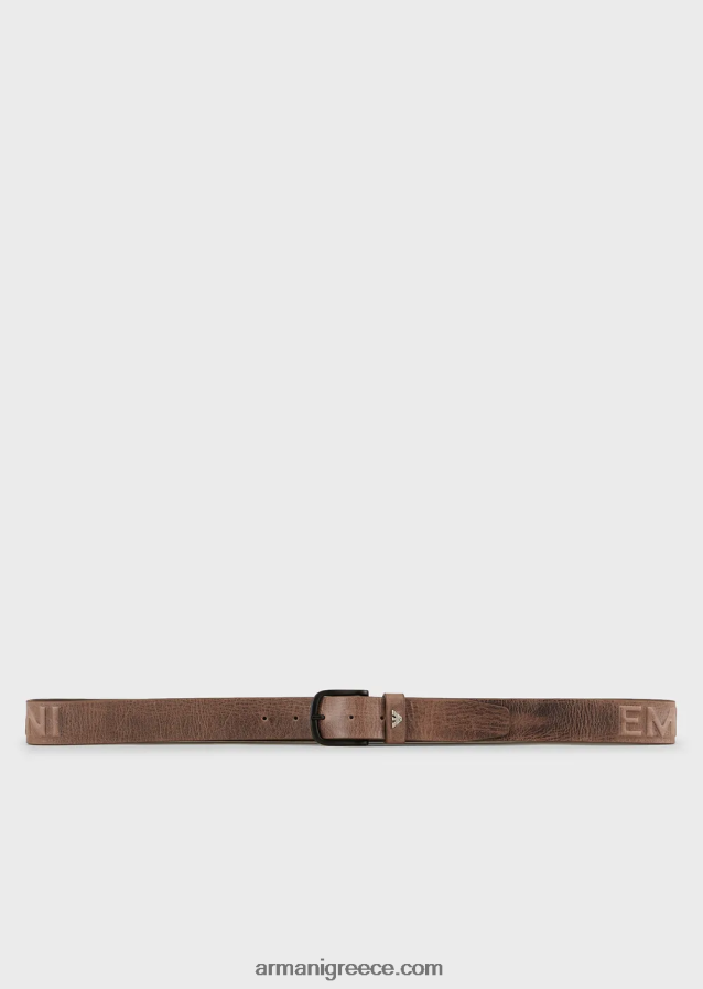 άνδρες Armani Δερμάτινη ζώνη σε vintage εφέ με ανάγλυφα μεγάλα γράμματα 4046R62004 γκρί