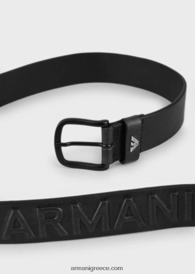 άνδρες Armani Δερμάτινη ζώνη σε vintage εφέ με ανάγλυφα μεγάλα γράμματα 4046R62005 μαύρος