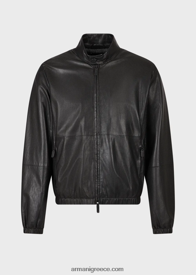 άνδρες Armani μπλούζον με φερμουάρ από δέρμα νάπα με μικροδιάτρητο δέρμα αρνιού 4046R61287 μαύρος
