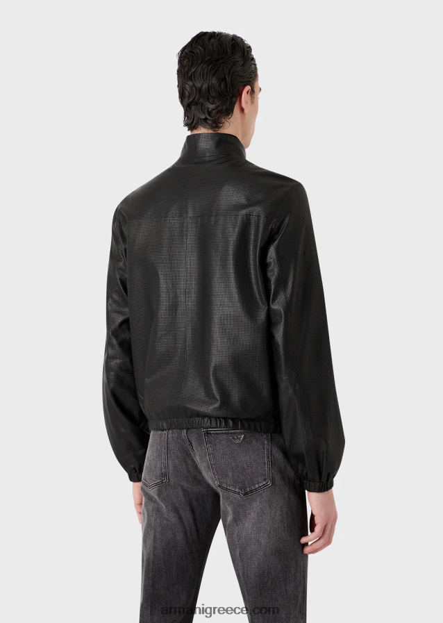 άνδρες Armani μπλούζον με φερμουάρ από δέρμα νάπα με μικροδιάτρητο δέρμα αρνιού 4046R61287 μαύρος