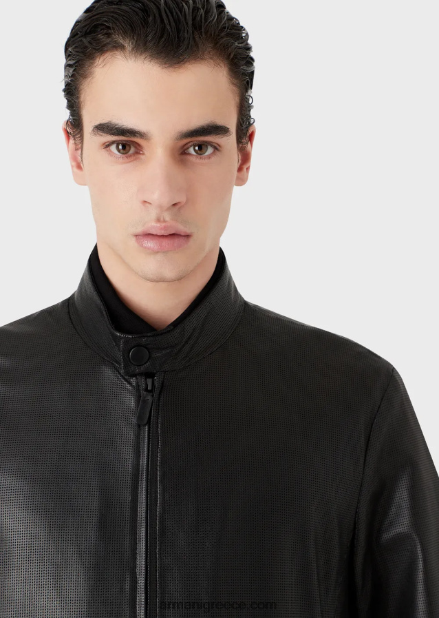 άνδρες Armani μπλούζον με φερμουάρ από δέρμα νάπα με μικροδιάτρητο δέρμα αρνιού 4046R61287 μαύρος