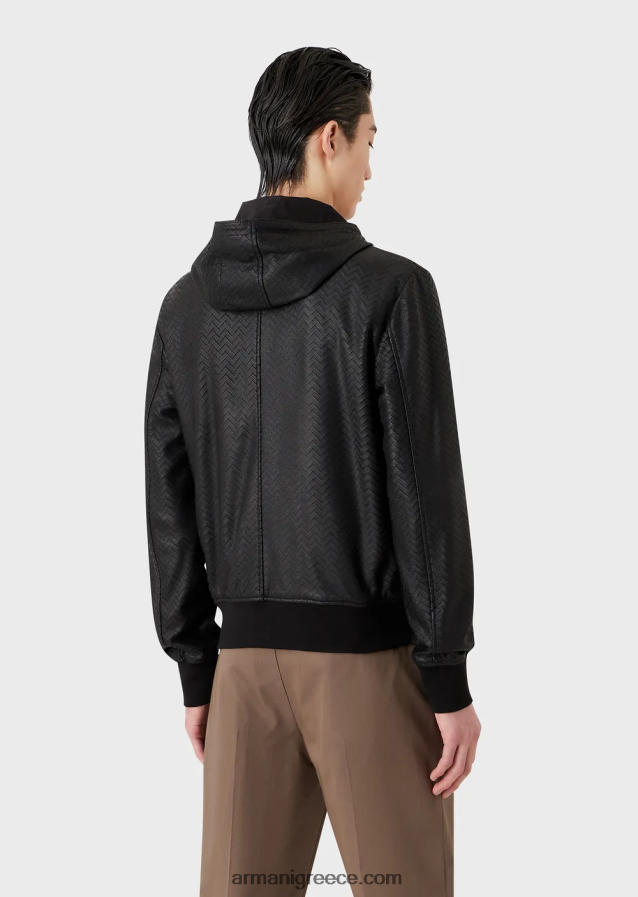 άνδρες Armani Μπουφάν με κουκούλα από δέρμα νάπα με κομμένο εφέ σεβρόν 4046R61290