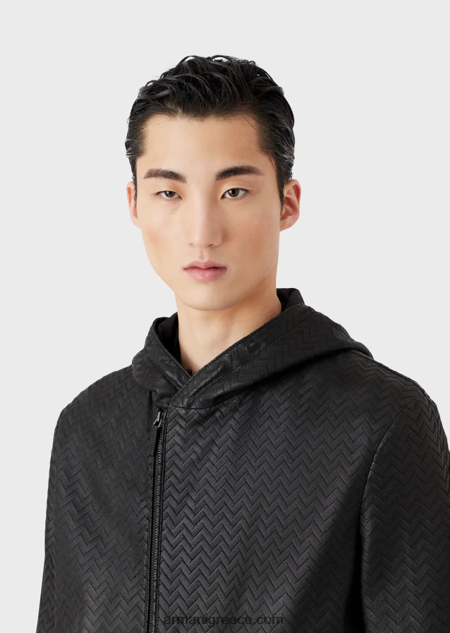 άνδρες Armani Μπουφάν με κουκούλα από δέρμα νάπα με κομμένο εφέ σεβρόν 4046R61290