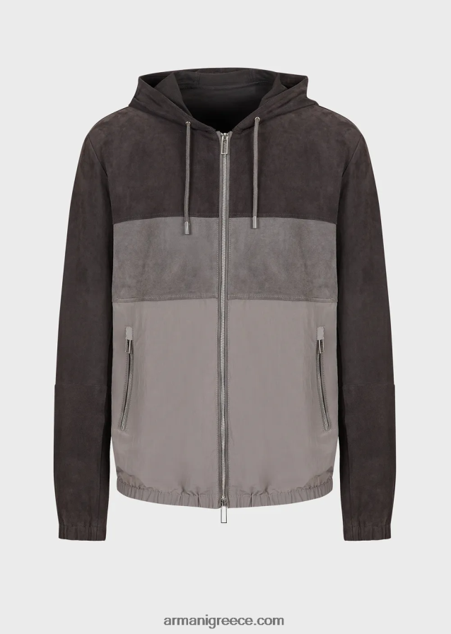 άνδρες Armani Μπλούζον με κουκούλα σε κυματιστό τεχνικό νάιλον και σουέτ 4046R61295 γκρί