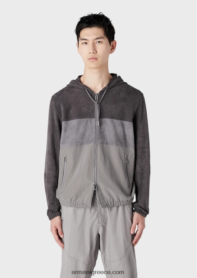 άνδρες Armani Μπλούζον με κουκούλα σε κυματιστό τεχνικό νάιλον και σουέτ 4046R61295 γκρί