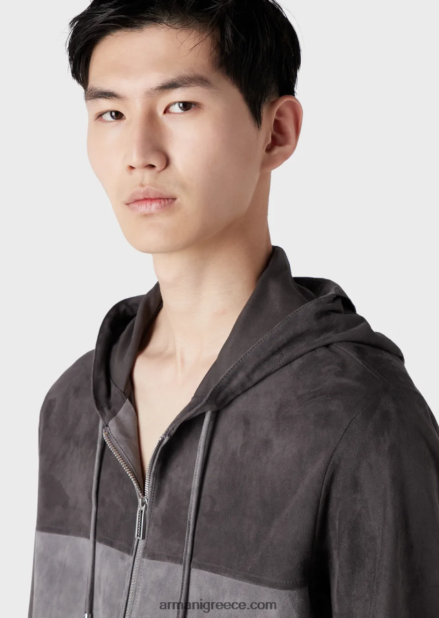 άνδρες Armani Μπλούζον με κουκούλα σε κυματιστό τεχνικό νάιλον και σουέτ 4046R61295 γκρί