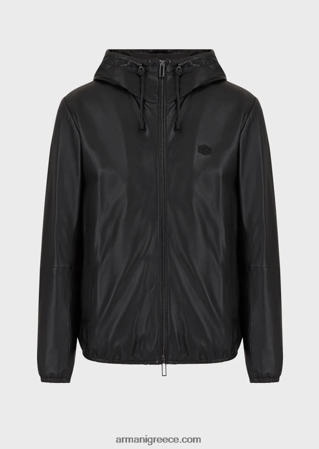 άνδρες Armani Μπλούζον από δέρμα αρνιού νάπα ημι-ανιλίνης με κουκούλα και φερμουάρ σε όλο το μήκος 4046R61296 μαύρος