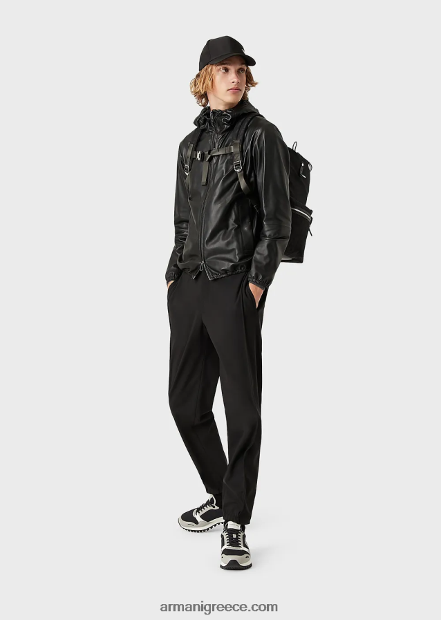 άνδρες Armani Μπλούζον από δέρμα αρνιού νάπα ημι-ανιλίνης με κουκούλα και φερμουάρ σε όλο το μήκος 4046R61296 μαύρος