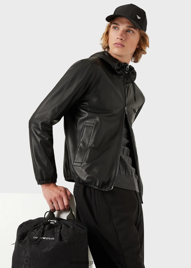 άνδρες Armani Μπλούζον από δέρμα αρνιού νάπα ημι-ανιλίνης με κουκούλα και φερμουάρ σε όλο το μήκος 4046R61296 μαύρος