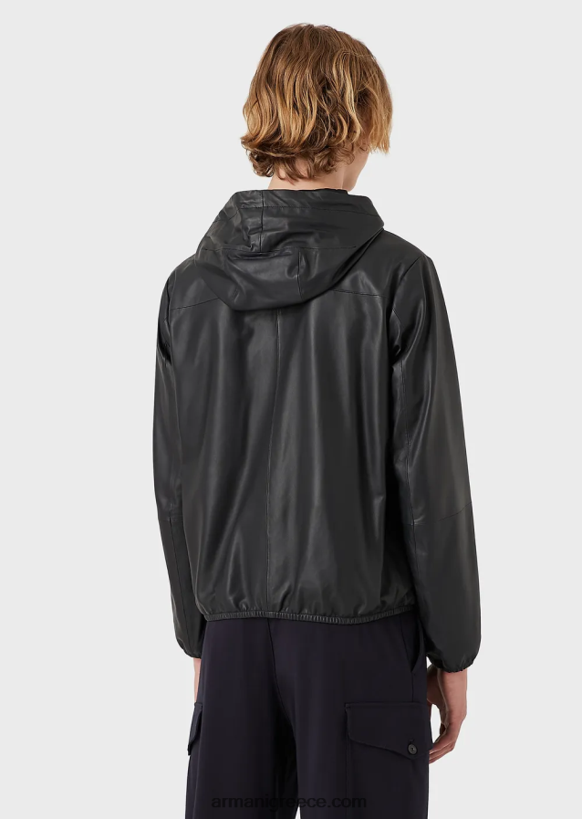 άνδρες Armani Μπλούζον από δέρμα αρνιού νάπα ημι-ανιλίνης με κουκούλα και φερμουάρ σε όλο το μήκος 4046R61297 ναυτικό μπλε