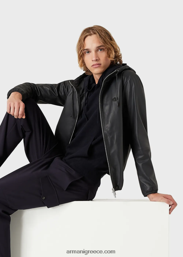 άνδρες Armani Μπλούζον από δέρμα αρνιού νάπα ημι-ανιλίνης με κουκούλα και φερμουάρ σε όλο το μήκος 4046R61297 ναυτικό μπλε