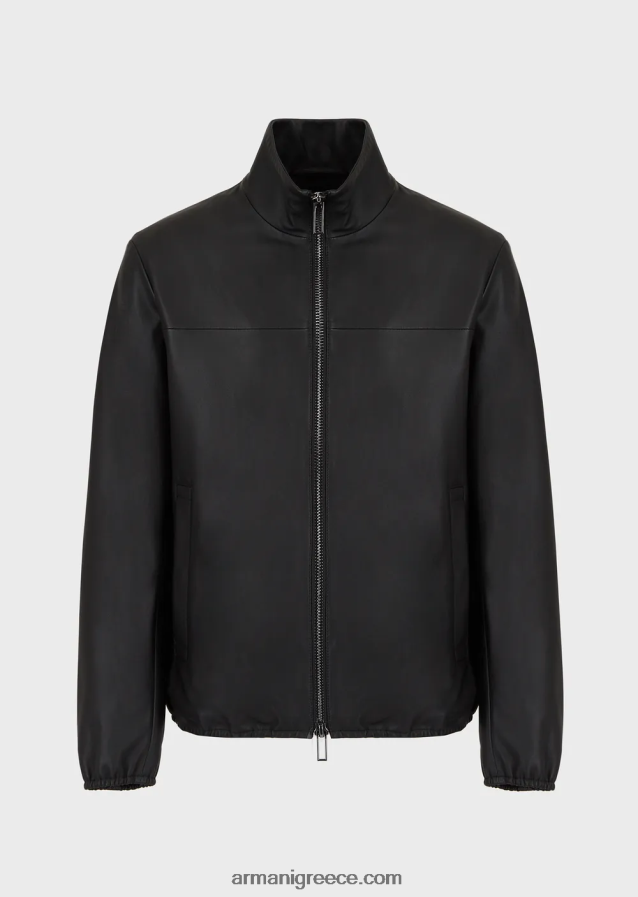 άνδρες Armani Μπλουζόν από δέρμα αρνιού νάπα ημι-ανιλίνης με φερμουάρ σε όλο το μήκος 4046R61298 μαύρος