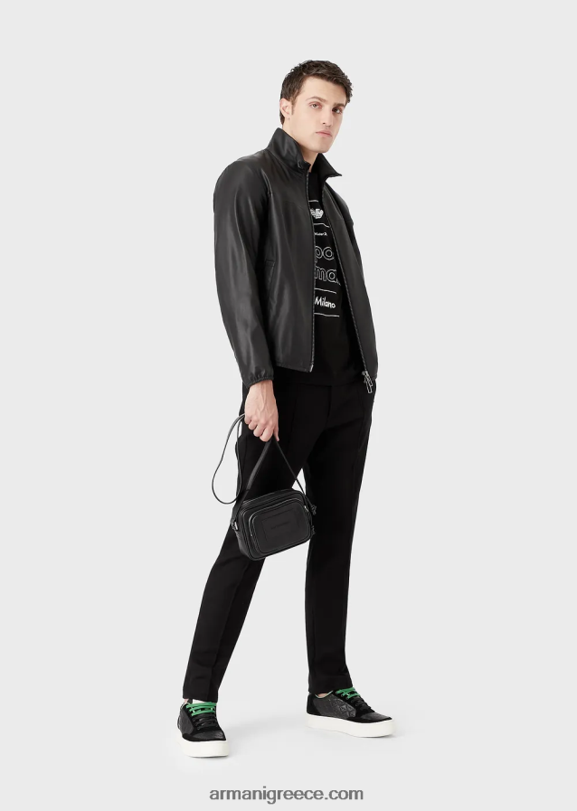 άνδρες Armani Μπλουζόν από δέρμα αρνιού νάπα ημι-ανιλίνης με φερμουάρ σε όλο το μήκος 4046R61298 μαύρος