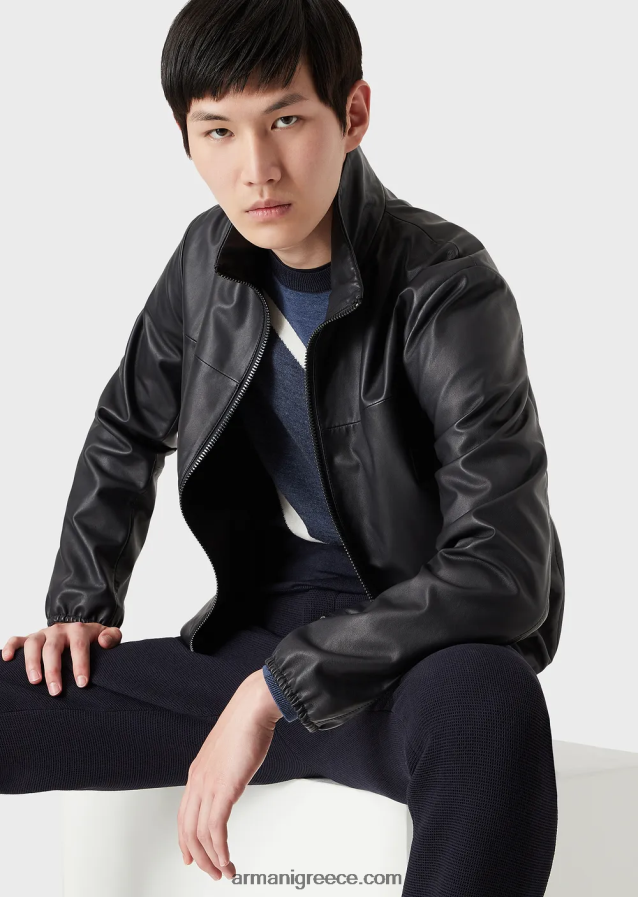 άνδρες Armani Μπλουζόν από δέρμα αρνιού νάπα ημι-ανιλίνης με φερμουάρ σε όλο το μήκος 4046R61299 ναυτικό μπλε