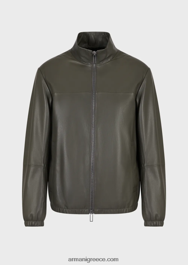 άνδρες Armani Μπλουζόν από δέρμα αρνιού νάπα ημι-ανιλίνης με φερμουάρ σε όλο το μήκος 4046R61300 πράσινος