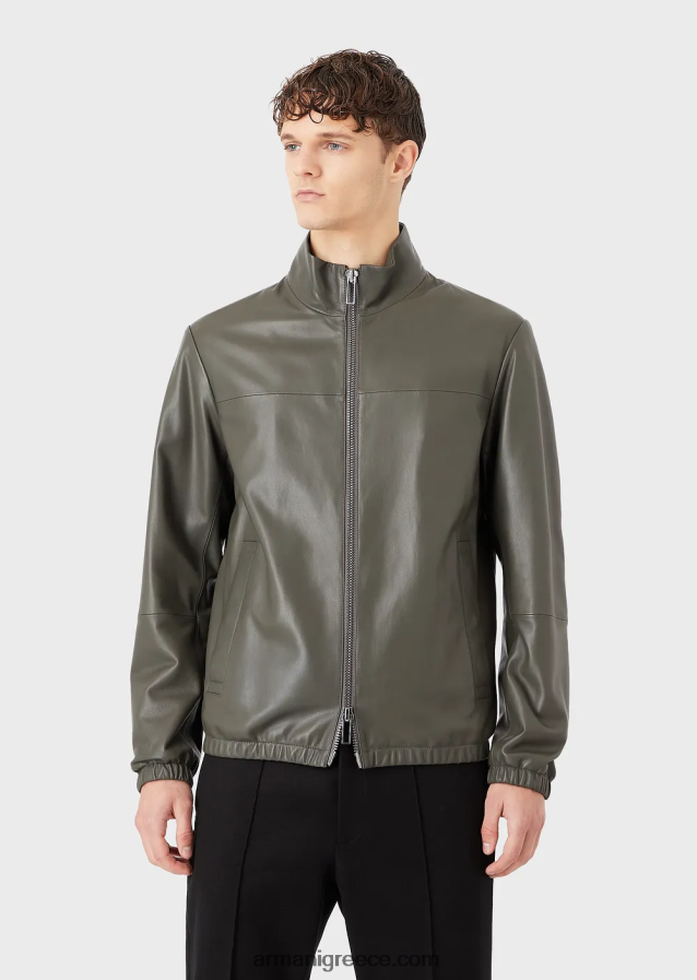 άνδρες Armani Μπλουζόν από δέρμα αρνιού νάπα ημι-ανιλίνης με φερμουάρ σε όλο το μήκος 4046R61300 πράσινος