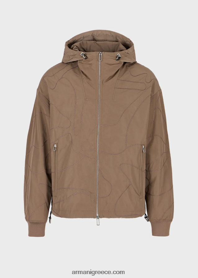 άνδρες Armani αναστρέψιμη μπλούζα με κουκούλα σε ασορτί χρώματος καμουφλάζ ελαφρύ κυματιστό νάιλον 4046R61305 καφέ