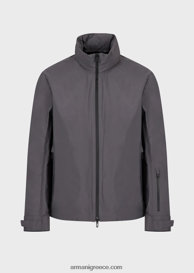 άνδρες Armani αδιάβροχο ανακυκλωμένο νάιλον μπουφάν με πλήρες φερμουάρ ταξιδιού 4046R61307 σκούρο γκρίζο