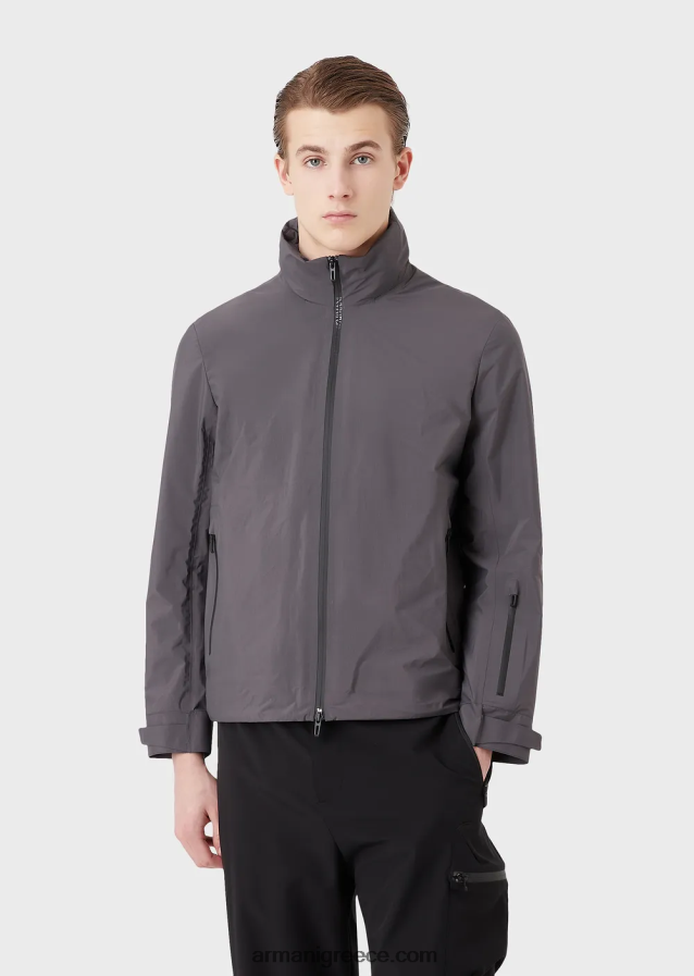 άνδρες Armani αδιάβροχο ανακυκλωμένο νάιλον μπουφάν με πλήρες φερμουάρ ταξιδιού 4046R61307 σκούρο γκρίζο