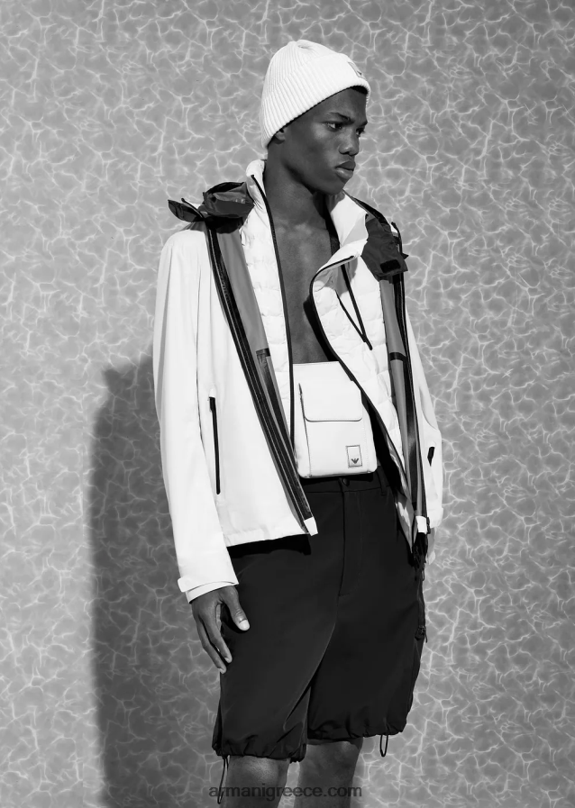 άνδρες Armani Απαραίτητα για ταξίδια αδιάβροχο καπιτονέ ανακυκλωμένο νάιλον αμάνικο μπουφάν με φερμουάρ 4046R61308 άσπρο