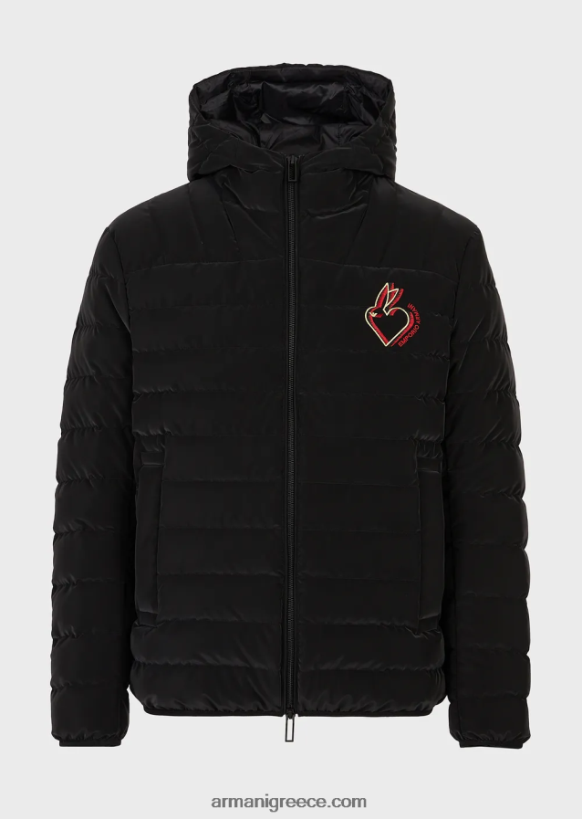 άνδρες Armani καπιτονέ νάιλον πουπουλένιο μπουφάν με κουκούλα 4046R61313 μαύρος