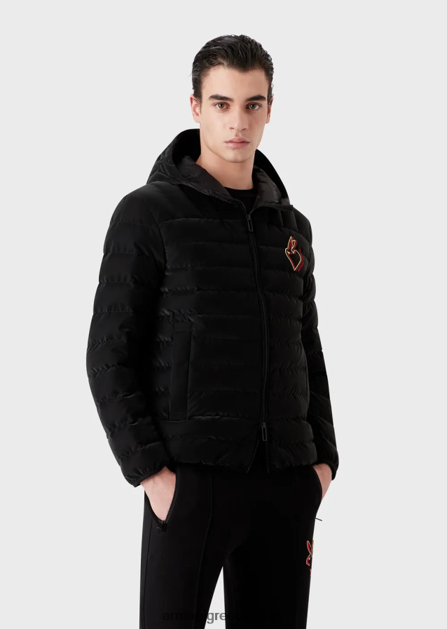 άνδρες Armani καπιτονέ νάιλον πουπουλένιο μπουφάν με κουκούλα 4046R61313 μαύρος