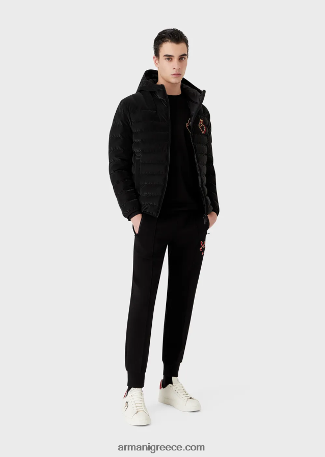 άνδρες Armani καπιτονέ νάιλον πουπουλένιο μπουφάν με κουκούλα 4046R61313 μαύρος