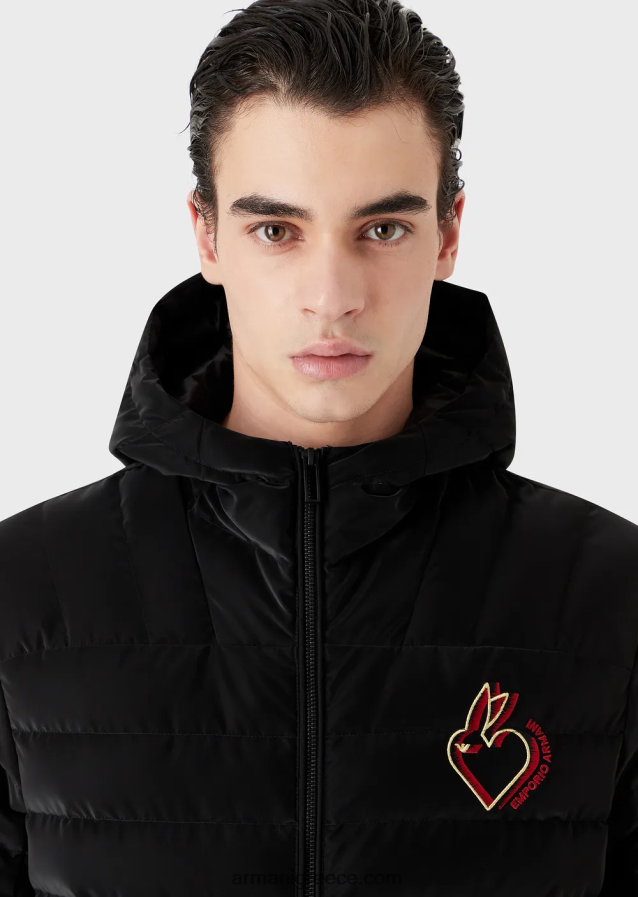 άνδρες Armani καπιτονέ νάιλον πουπουλένιο μπουφάν με κουκούλα 4046R61313 μαύρος