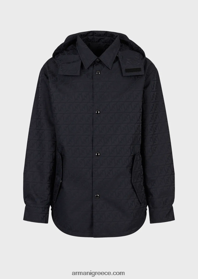 άνδρες Armani αναστρέψιμη μπλούζον με κουκούλα ζακάρ νάιλον με λογότυπο αετού παντού 4046R61322 ναυτικό μπλε