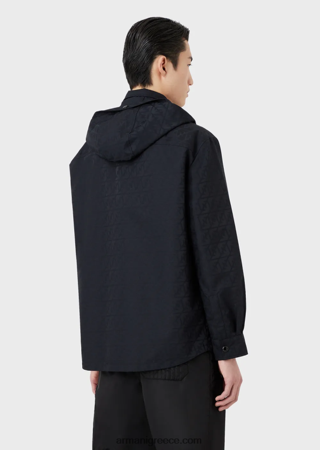 άνδρες Armani αναστρέψιμη μπλούζον με κουκούλα ζακάρ νάιλον με λογότυπο αετού παντού 4046R61322 ναυτικό μπλε