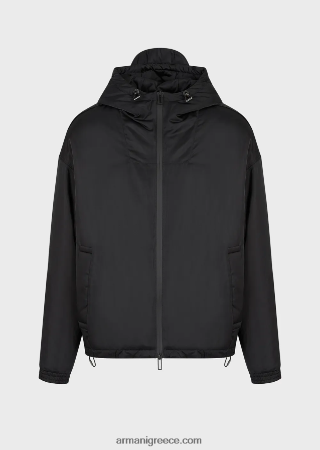 άνδρες Armani Αδιάβροχη μπλούζα με κουκούλα με πλήρες φερμουάρ από ανακυκλωμένο νάιλον με ταινία λογότυπου 4046R61323 μαύρος