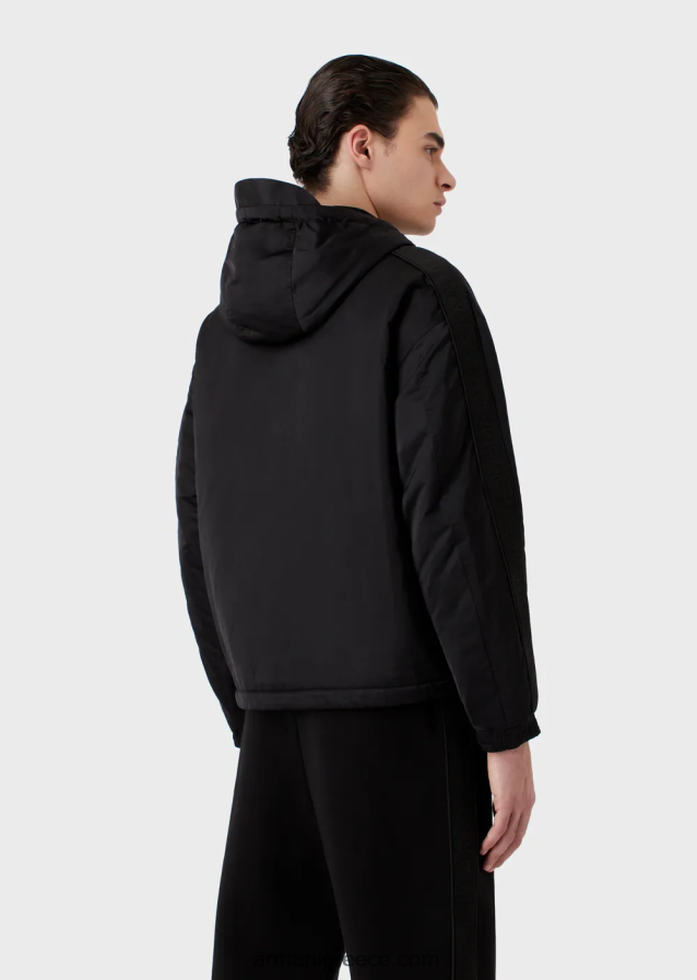 άνδρες Armani Αδιάβροχη μπλούζα με κουκούλα με πλήρες φερμουάρ από ανακυκλωμένο νάιλον με ταινία λογότυπου 4046R61323 μαύρος