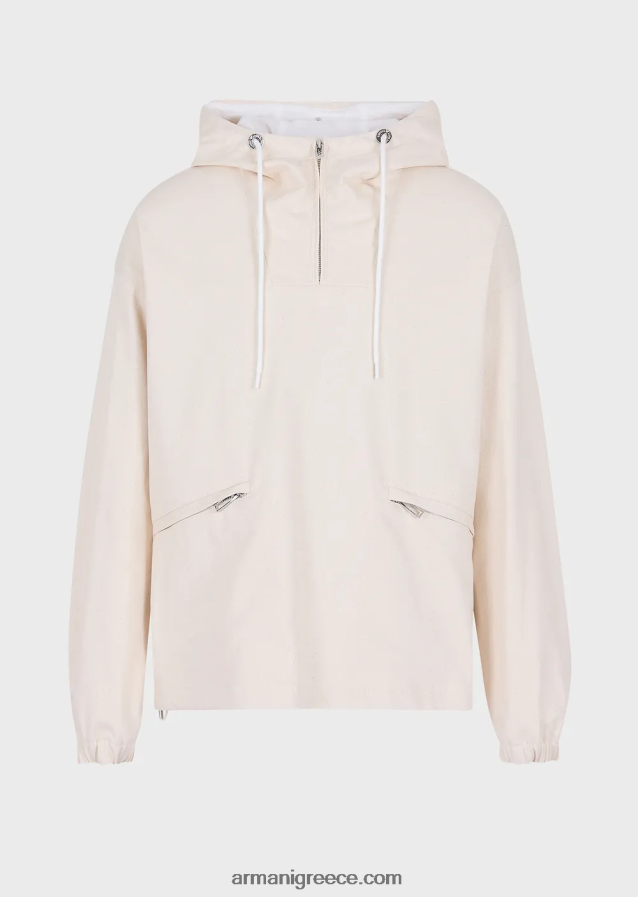 άνδρες Armani Ανοράκ με κουκούλα βαμβακερό ταύρο σε μεγάλου μεγέθους γραφικό τύπωμα με λογότυπο 4046R61326 γαλακτώδες λευκό
