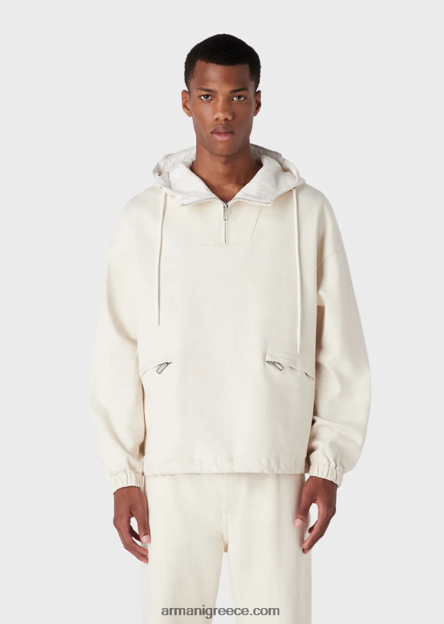 άνδρες Armani Ανοράκ με κουκούλα βαμβακερό ταύρο σε μεγάλου μεγέθους γραφικό τύπωμα με λογότυπο 4046R61326 γαλακτώδες λευκό