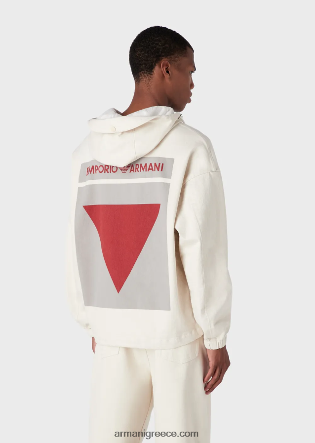 άνδρες Armani Ανοράκ με κουκούλα βαμβακερό ταύρο σε μεγάλου μεγέθους γραφικό τύπωμα με λογότυπο 4046R61326 γαλακτώδες λευκό