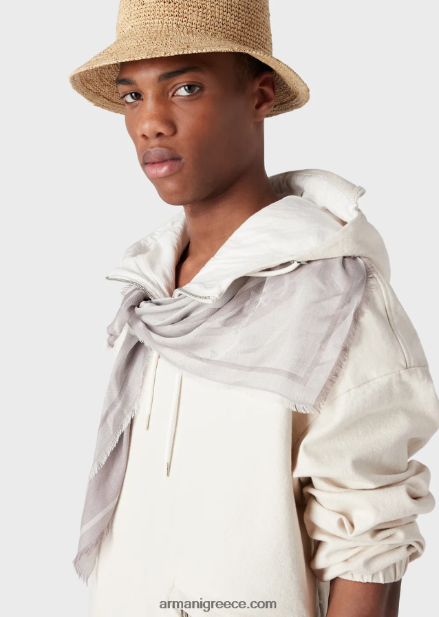 άνδρες Armani Ανοράκ με κουκούλα βαμβακερό ταύρο σε μεγάλου μεγέθους γραφικό τύπωμα με λογότυπο 4046R61326 γαλακτώδες λευκό