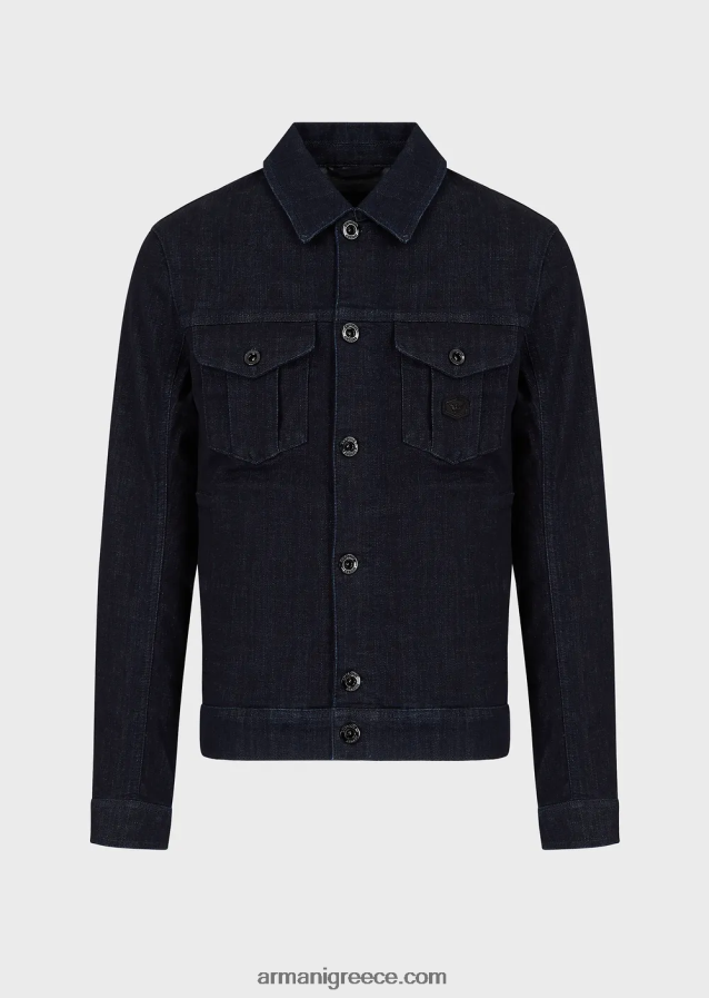 άνδρες Armani τζιν μπουφάν πλυσίματος με έμπλαστρο με λογότυπο 4046R61327 ναυτικό μπλε