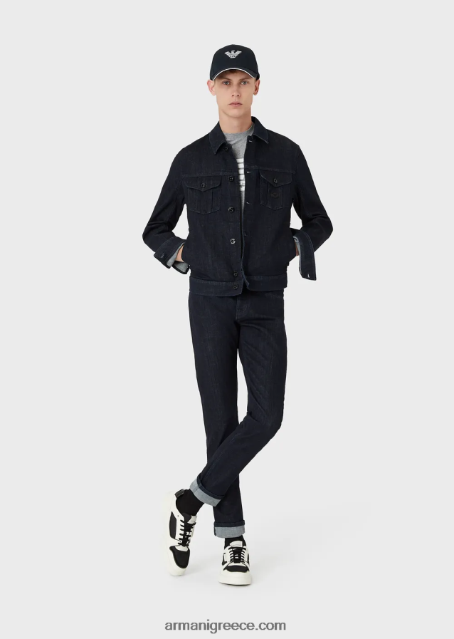 άνδρες Armani τζιν μπουφάν πλυσίματος με έμπλαστρο με λογότυπο 4046R61327 ναυτικό μπλε