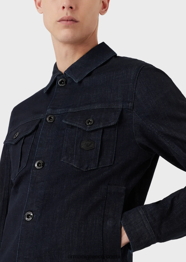 άνδρες Armani τζιν μπουφάν πλυσίματος με έμπλαστρο με λογότυπο 4046R61327 ναυτικό μπλε